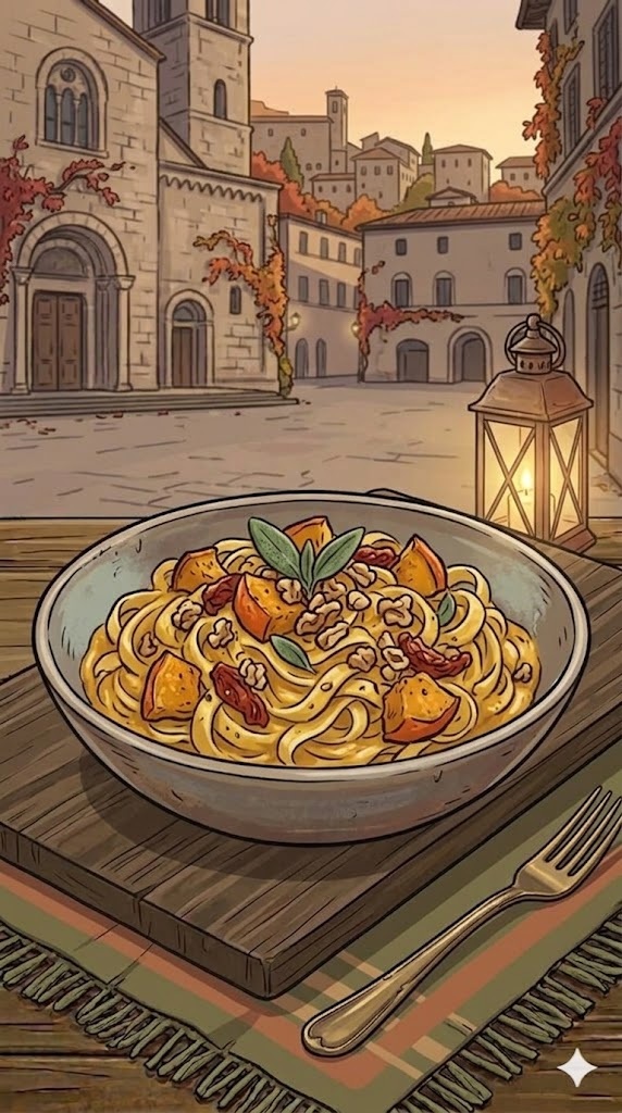 Pasta mit Kürbis, getrockneten Tomaten und Walnüssen