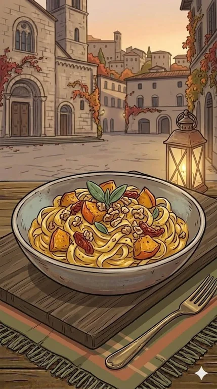Pasta mit Kürbis, getrockneten Tomaten und Walnüssen