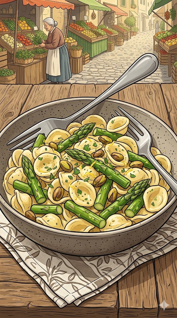 Pasta mit grünem Spargel und Pistazien in Zitronen-Buttersoße