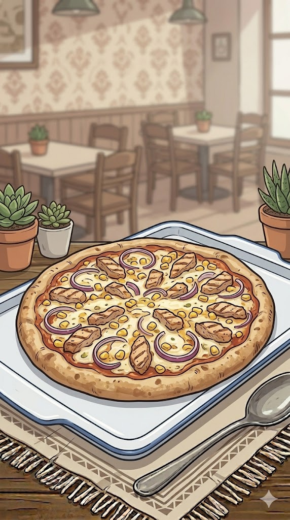 Pizza (American) mit Hühnchen, Zwiebeln und Mais
