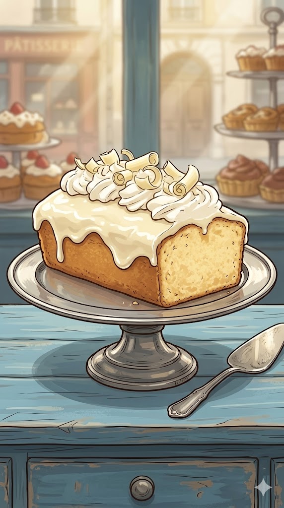 Rührkuchen mit Sahne und weißer Schokolade