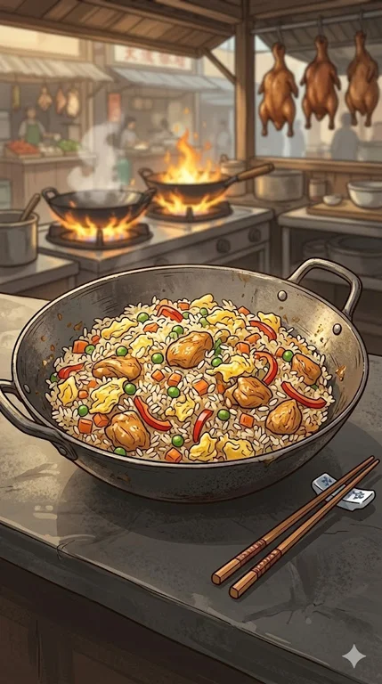 Reispfanne asiatisch mit Ei, Gemüse & Hähnchen