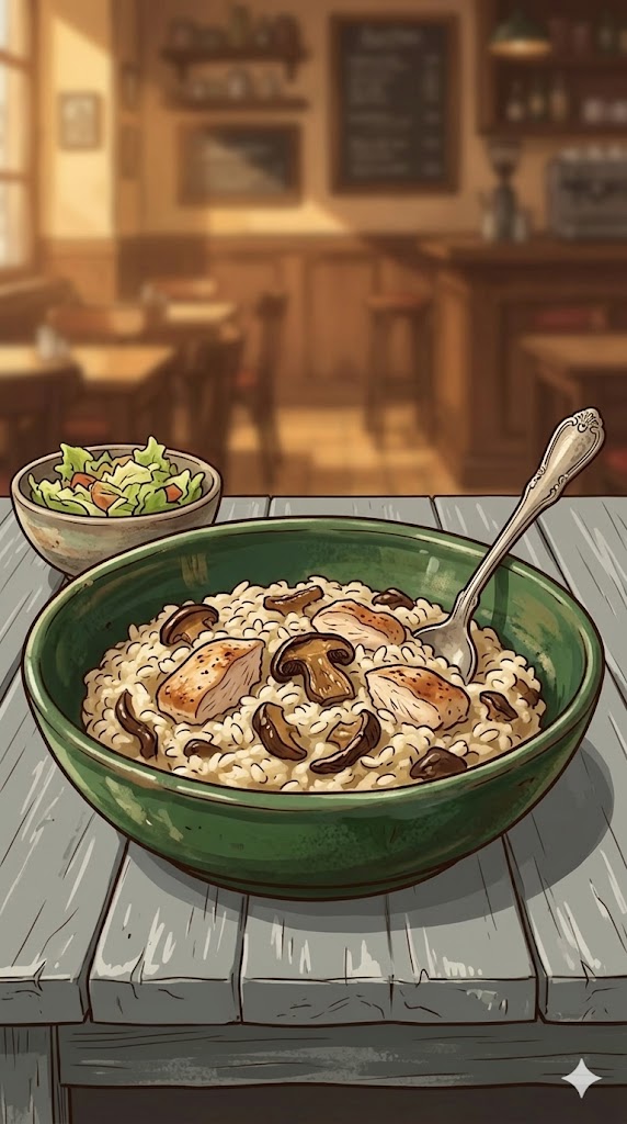 Risotto aus dem Ofen mit Hähnchenbrustfilet und getrockneten Steinpilzen