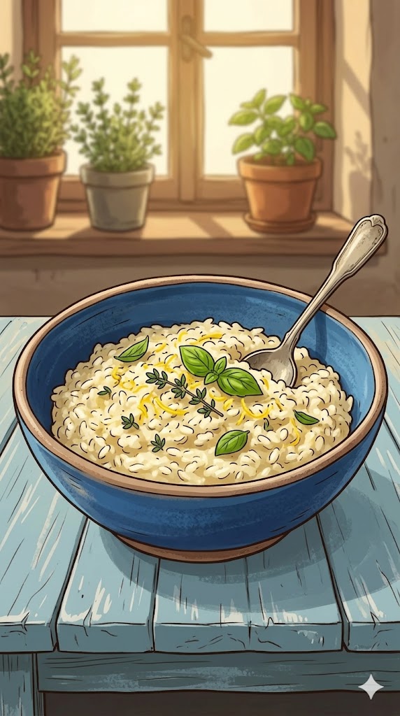 Risotto aus dem Ofen mit Zitrone, Thymian und Basilikum