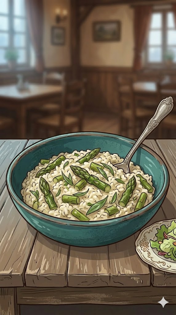 Risotto aus dem Ofen mit grünem Spargel und Estragon