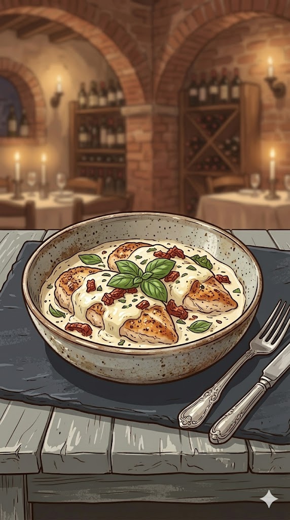 Sahne-Hähnchen mit Mozzarella, getrockneten Tomaten und Basilikum