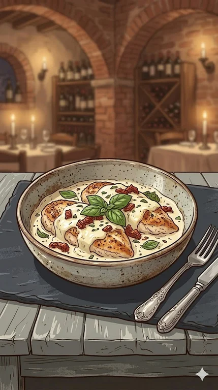 Sahne-Hähnchen mit Mozzarella, getrockneten Tomaten und Basilikum