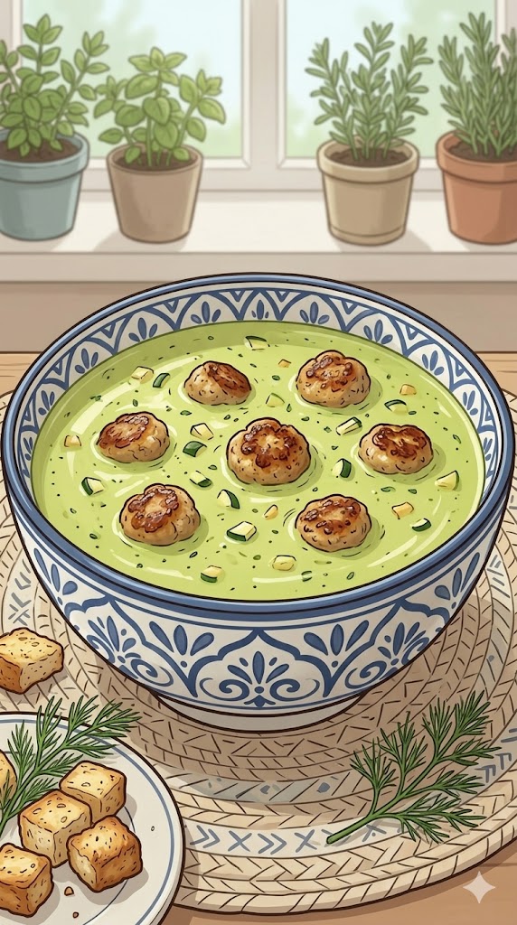 Schnelle Zucchinisuppe mit Bratwurstbrät-Bällchen