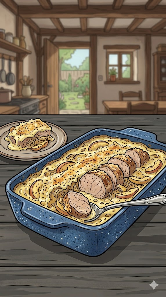Schweinefilet-Apfel-Auflauf mit Currysahne