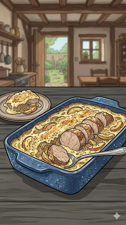 Schweinefilet-Apfel-Auflauf mit Currysahne