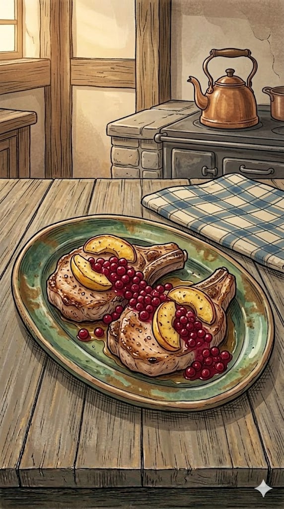Schweinekoteletts mit gerösteten Apfelscheiben und Preiselbeeren