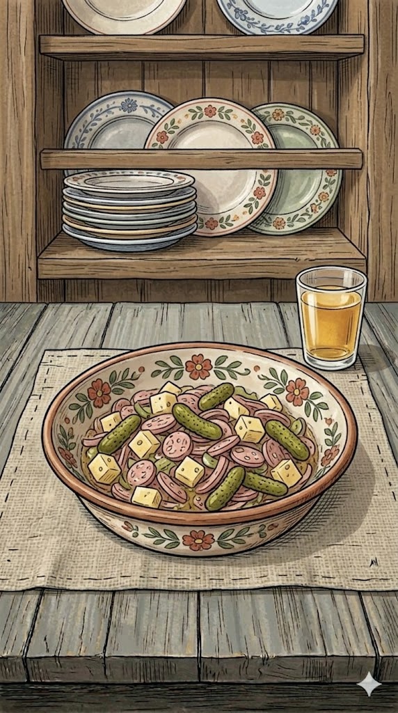 Schweizer Wurstsalat mit Käse und Gürkchen
