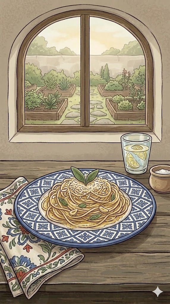 Spaghetti in Salbeibutter mit Knoblauch und Parmesan