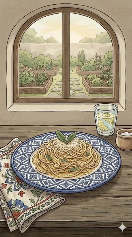 Spaghetti in Salbeibutter mit Knoblauch und Parmesan