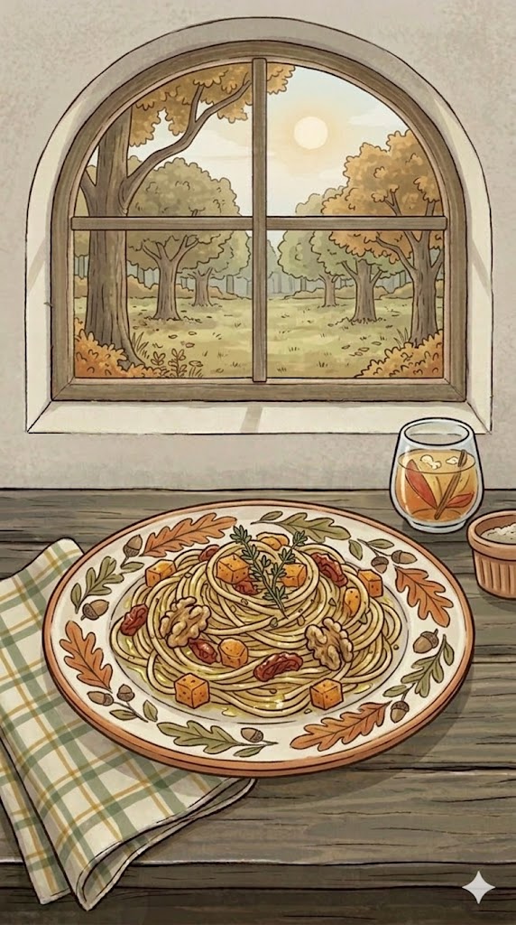 Spaghetti mit Kürbis, getrockneten Tomaten und Walnüssen