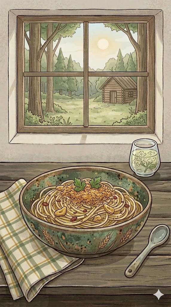 Spaghetti mit Knoblauch, Olivenöl, Chili und gerösteten Brotkrumen