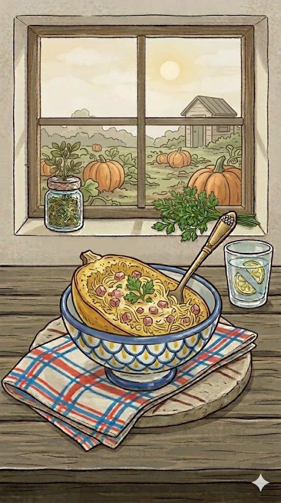Spaghettigkürbis mit Schinken und Käse