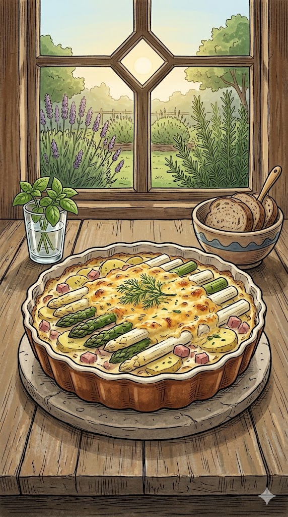Spargelauflauf mit Kartoffeln und Kochschinken