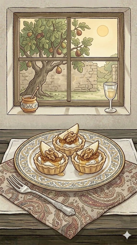 Tartlet mit Ziegenkäse, Feigensenf, Birne, Walnuss und Honig