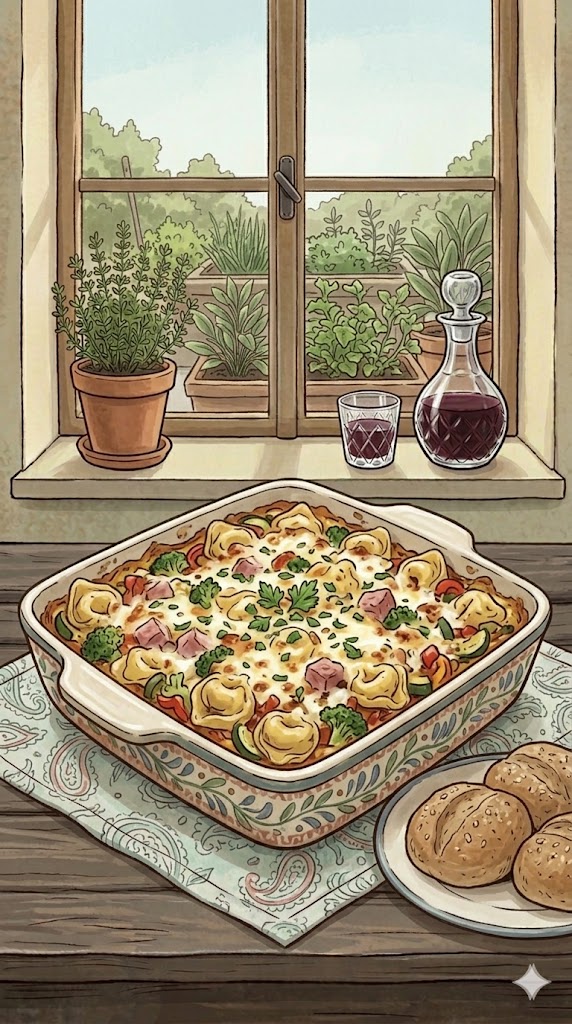 Tortellini-Auflauf mit Gemüse und Schinken