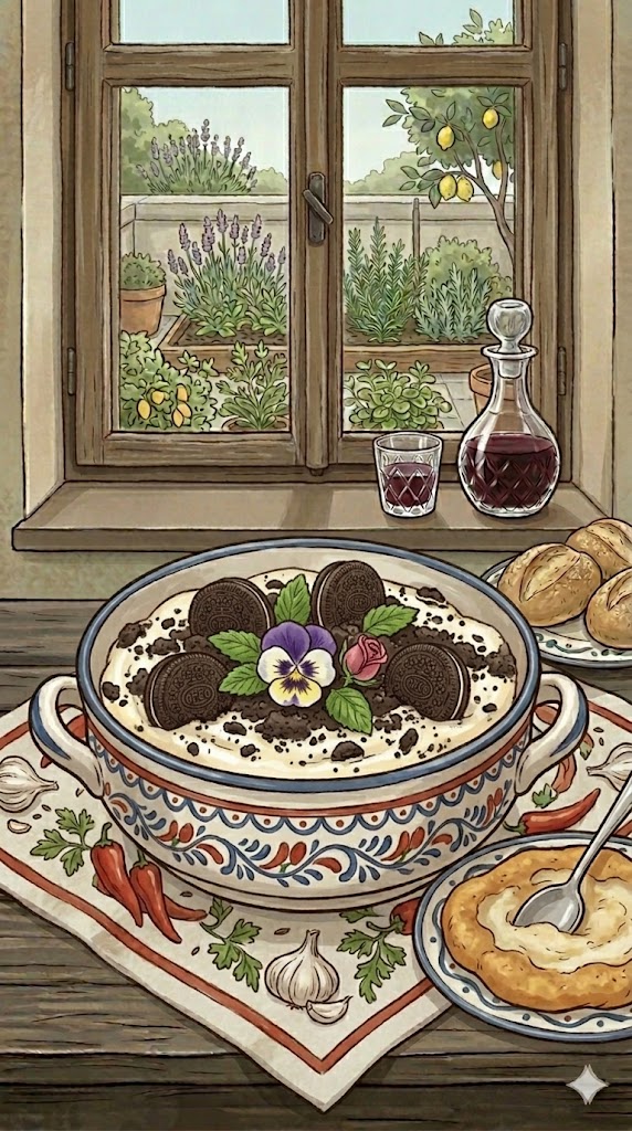 Vanillecreme Oreo Dessert mit Blumengruß