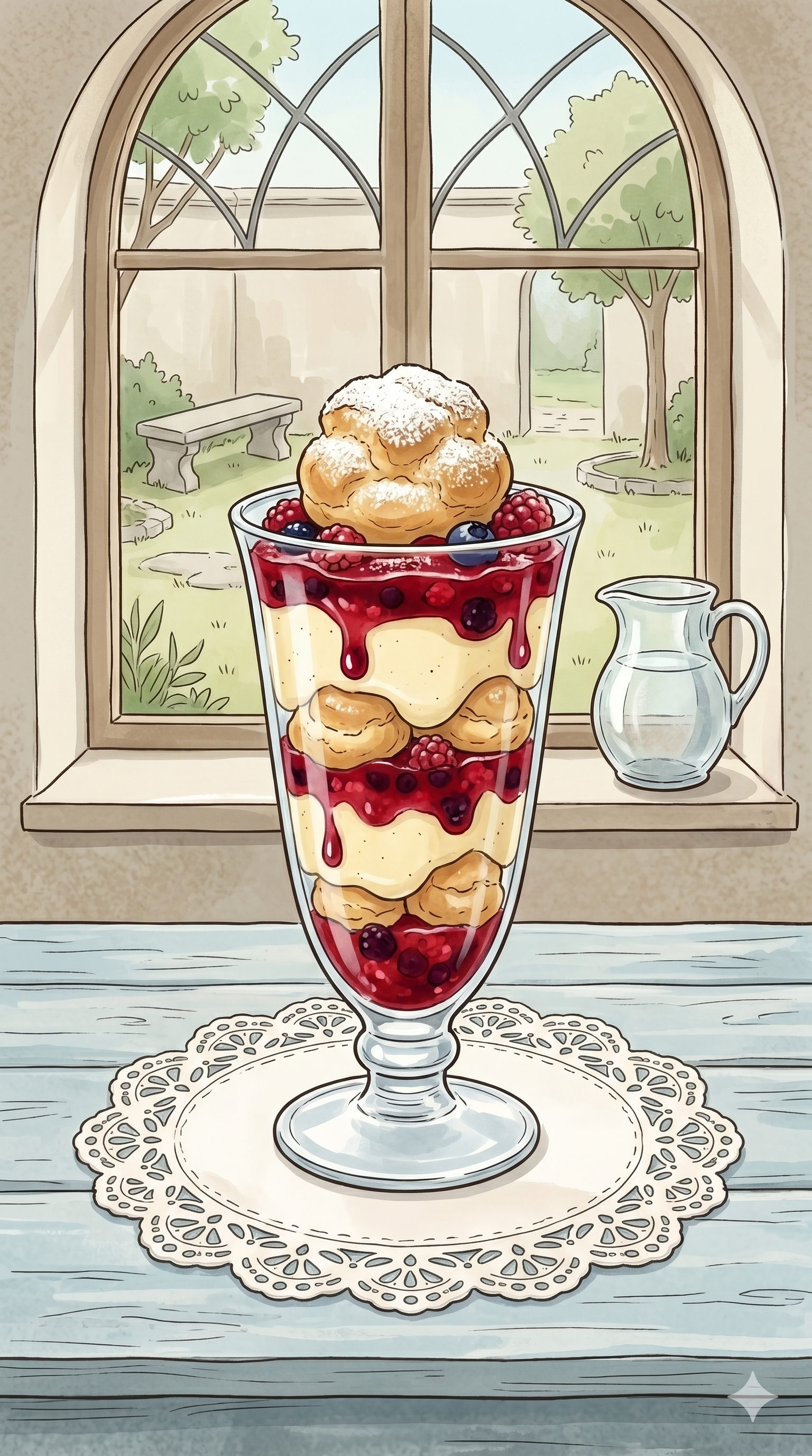 Windbeutel-Dessert mit Roter Grütze