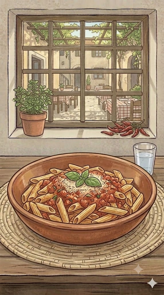 Nudeln in Tomatensoße mit Garnelen und Rucola