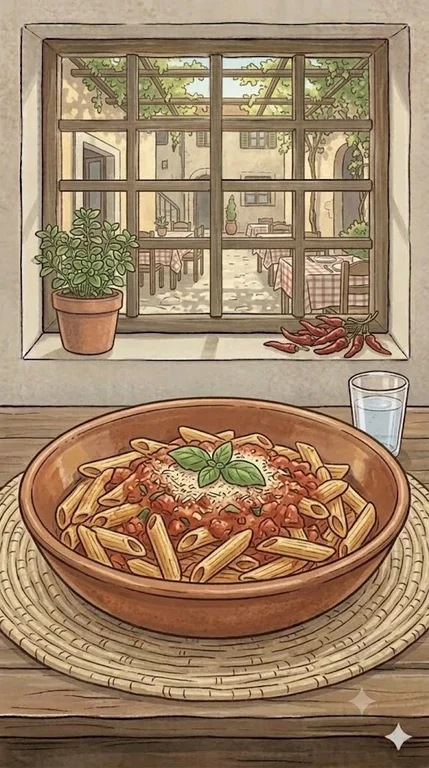 Nudeln in Tomatensoße mit Garnelen und Rucola