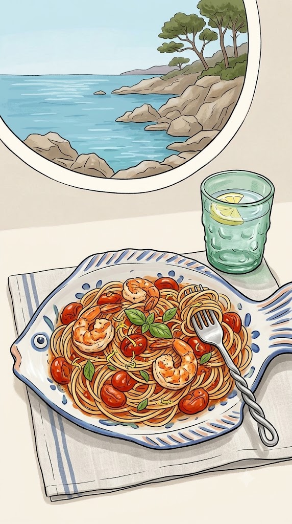 Pasta Pomodoro mit Garnelen und Rucola