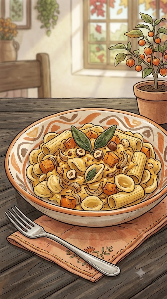 Pasta mit Kürbis, getrockneten Tomaten und Walnüssen