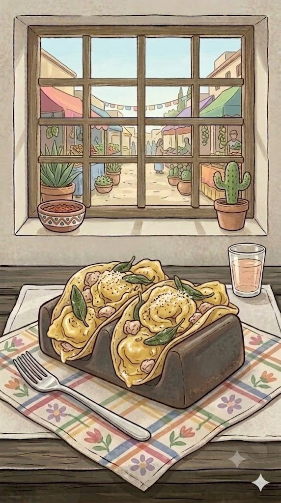 Tortelli mit Hähnchen, Salbei und Knoblauch in brauner Butteroße