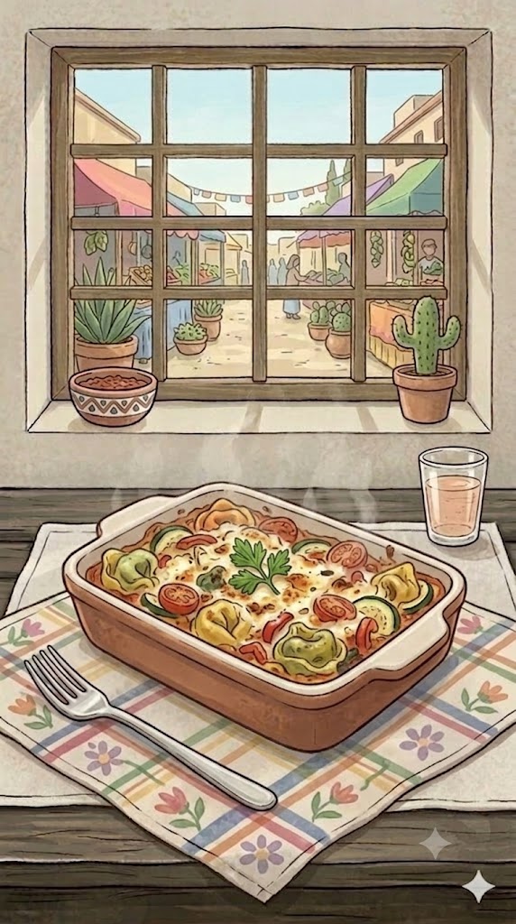 Tortellini-Auflauf mit Gemüse und Schinken