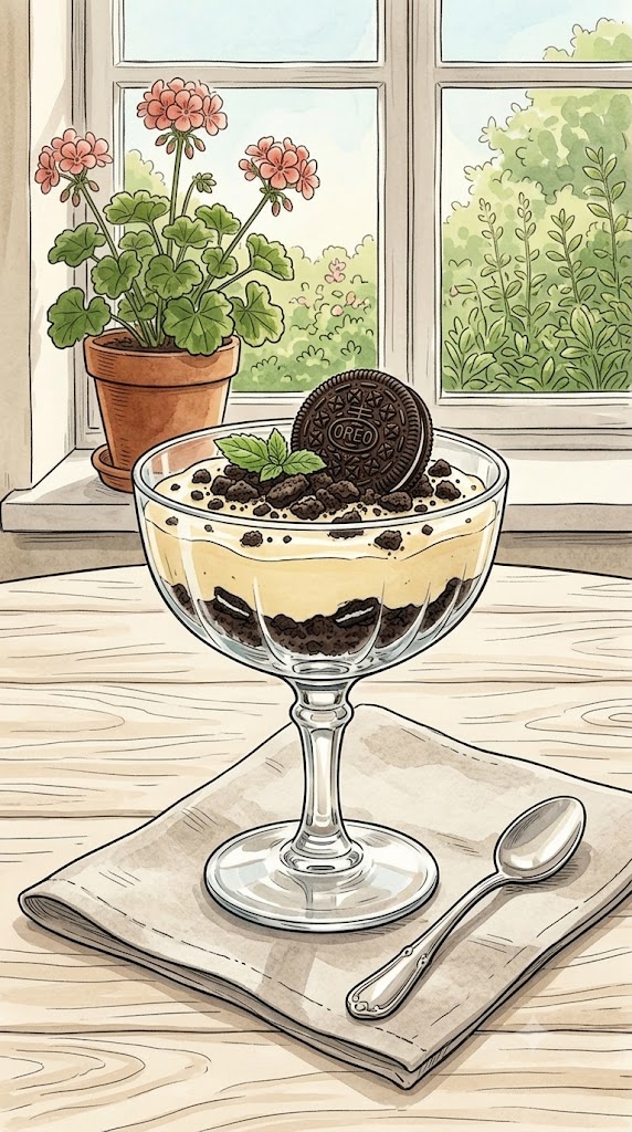 Vanillecreme Oreo Dessert mit Blumengruß