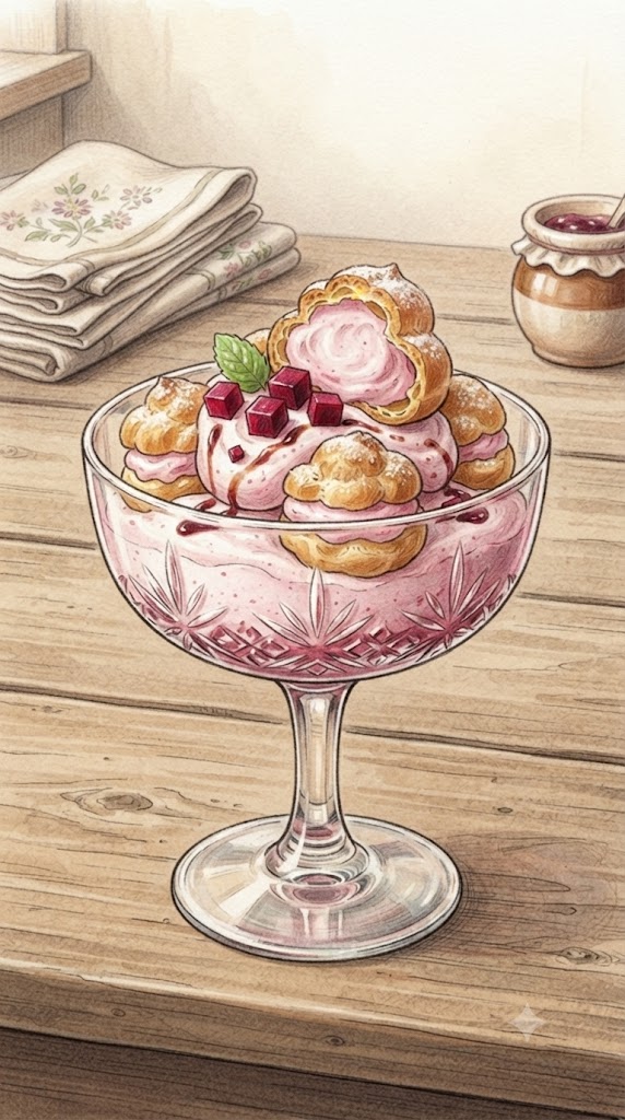 Windbeutel-Dessert mit Roter Grütze
