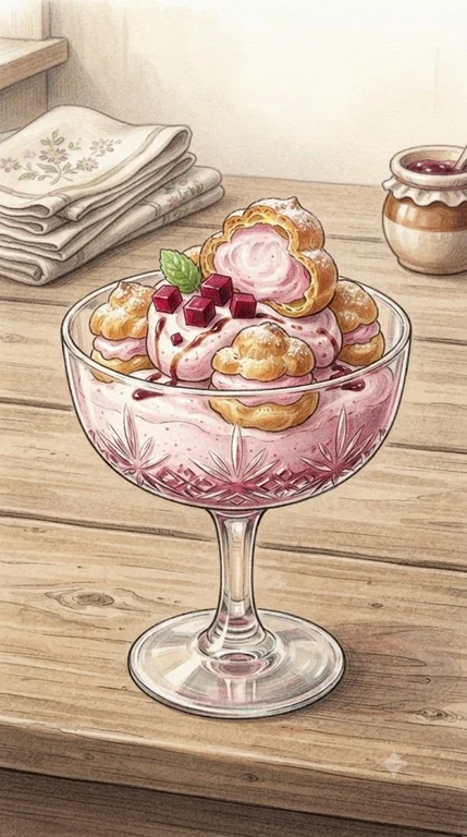 Windbeutel-Dessert mit Roter Grütze