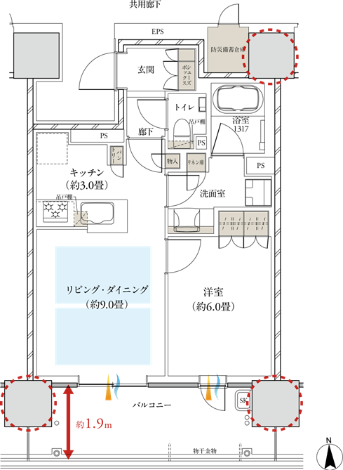 1LDK 専有面積／45.07㎡（約13.63坪）※防災備蓄倉庫面積1.40㎡含む バルコニー面積／11.40㎡（約3.44坪）