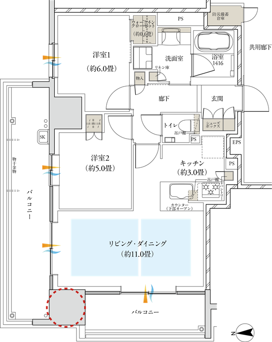 2LDK+WIC専有面積／59.19㎡（約17.90坪）※防災備蓄倉庫面積0.99㎡含む バルコニー面積／19.58㎡（約5.29坪）