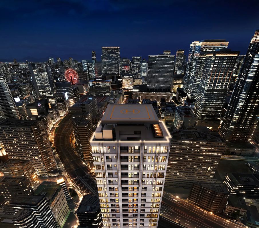 北側外觀 3D 示意圖（夜景為合成）。