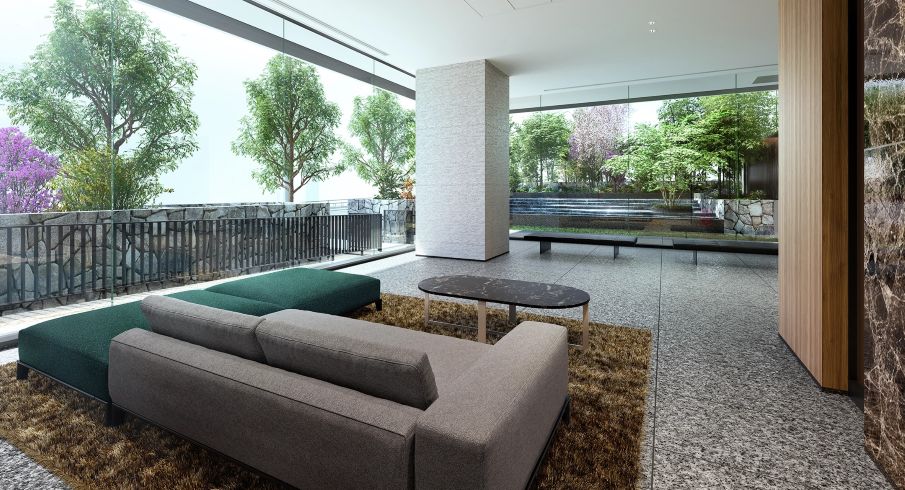 綠意與水景相伴，舒適宜人的庭園休憩廳 (Garden Lounge) 完工示意圖。