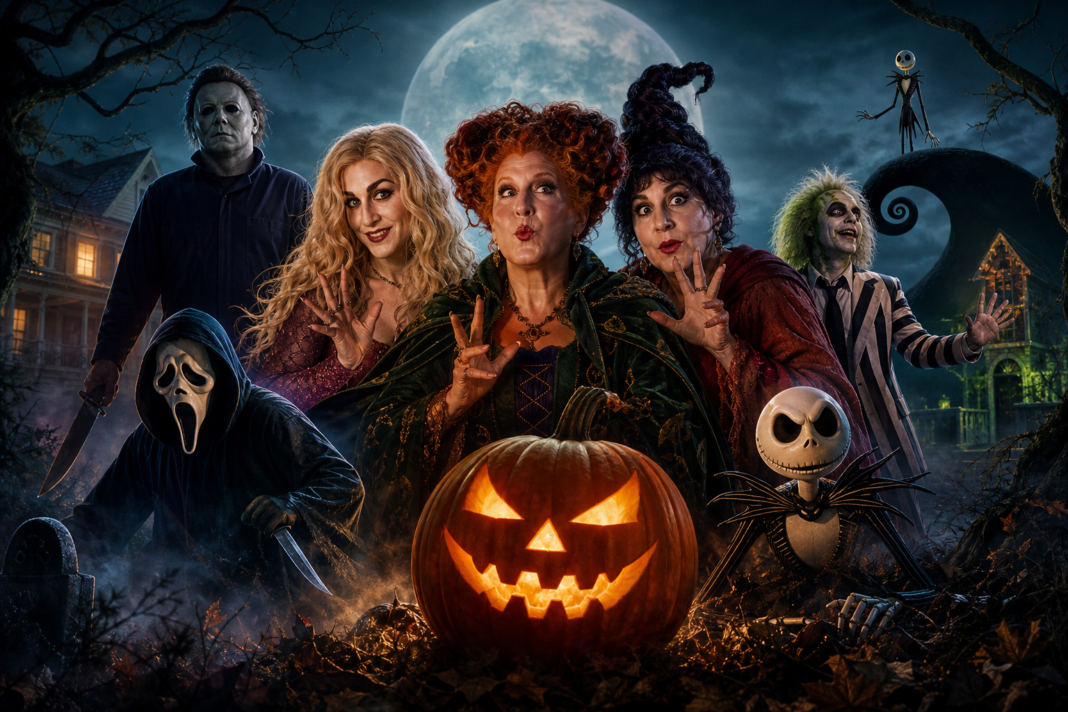 Entertainment artwork for the Trick Or Treat, Screen Scares MediaMini crossword about Halloween movie favorites—from Halloween and Scream to Hocus Pocus, Beetlejuice, and The Nightmare Before Christmas. Clues draw on iconic characters, actors, settings, and supernatural elements, balancing spooky fun with recognizable scares.