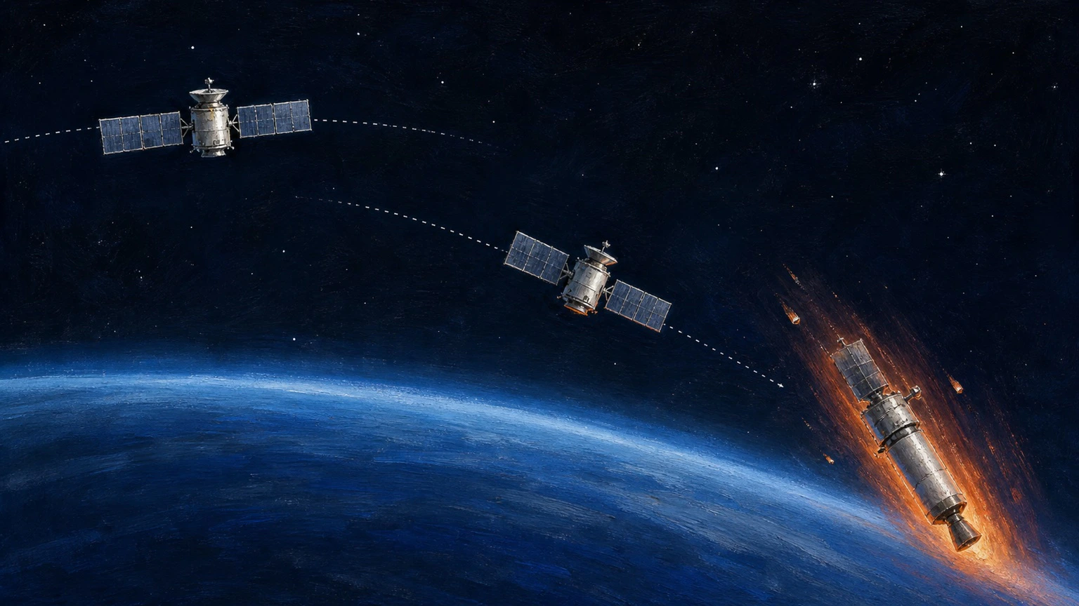 概念圖解：同一片星空與地球弧線下並排三個場景。左邊一顆張開太陽能板的衛星沿著平行於地球的圓弧平穩飛行；中間同款衛星在明顯過低、傾斜的軌跡上，下緣被大氣輝光染紅；右邊一枚二級與衛星仍連在一起，傾斜朝下墜落，周圍有紅色再入熱輝光與碎片