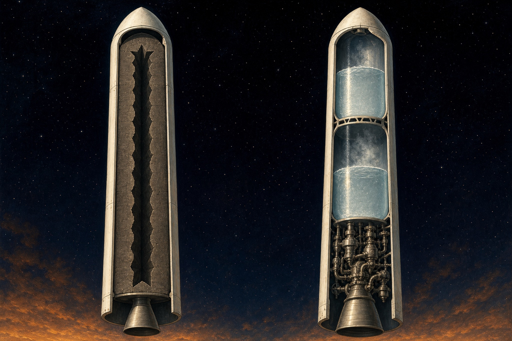 固體與液體火箭剖面對比：左側殼體內填滿固態推進劑，中央是星形孔道，除噴嘴外沒有任何管路；右側則是兩個低溫液體槽加上底部一整叢泵、閥與管線