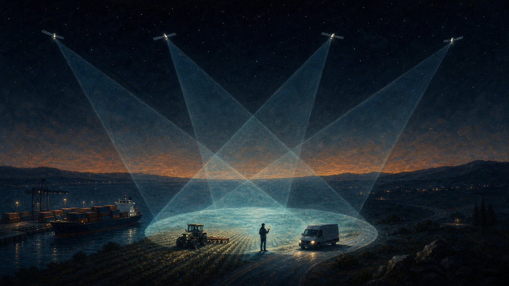 概念插畫:深藍夜空下四顆相隔很遠的小衛星,各自向下投出一道淡青色光錐;四道光錐在畫面下方交疊,交疊處的地面被照亮成一圈亮池,池裡是一艘停在碼頭的貨櫃船、一台在田裡走行列的曳引機、一輛送貨廂型車,和一個舉著手機的人影,池外的一切都沉在深藍陰影裡