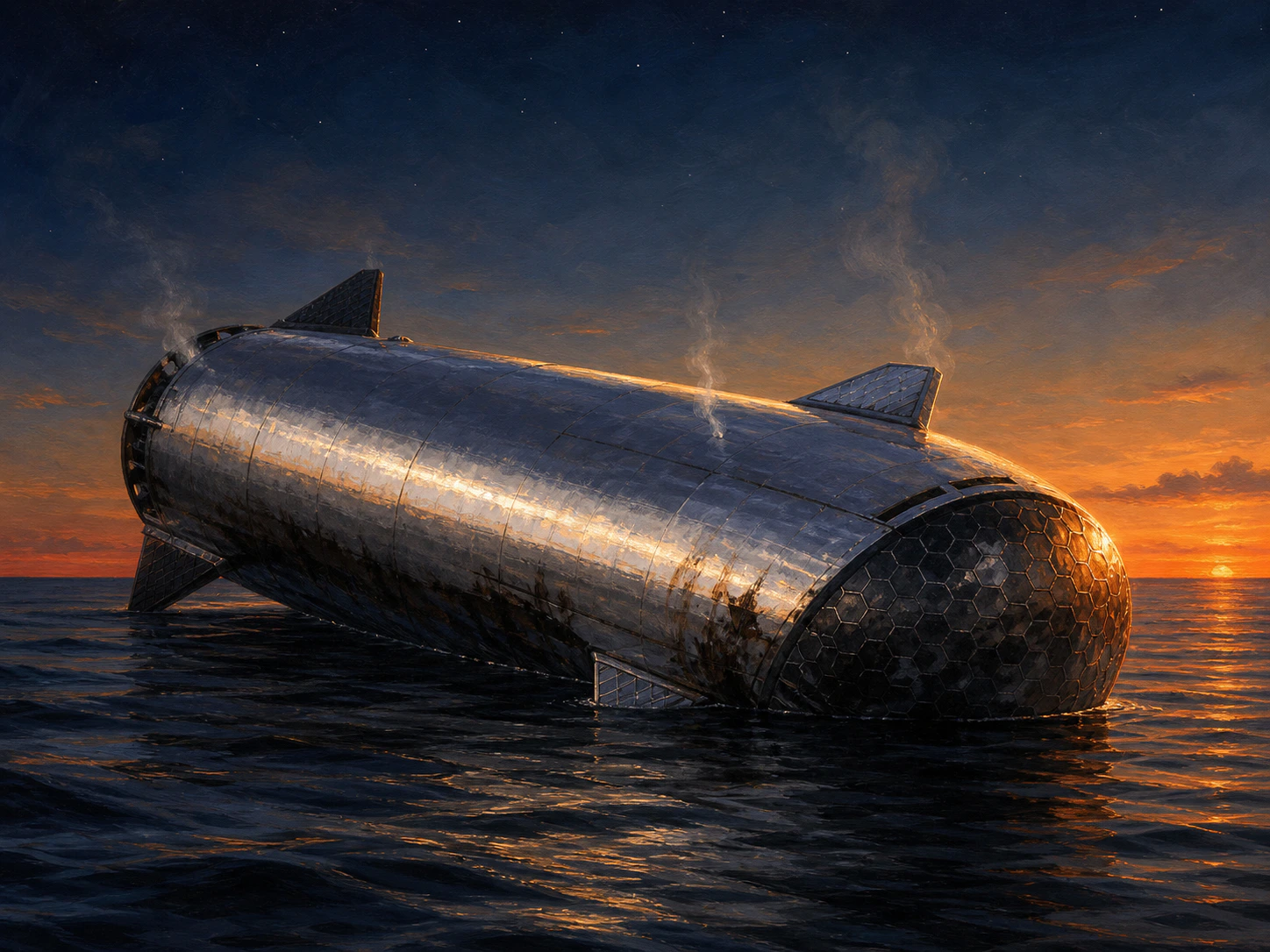 概念插畫:一艘銀色錐形太空船在日落時分完整浮在深色海面上,船身有再入燒灼痕跡,水平的六角形隔熱瓦在暖橘色夕陽下清晰可見,幾縷蒸氣從船身升起,天空由深空藍過渡到地平線的橘紅色,畫面氣氛安靜完整,不是爆炸也不是慶祝式的壯觀