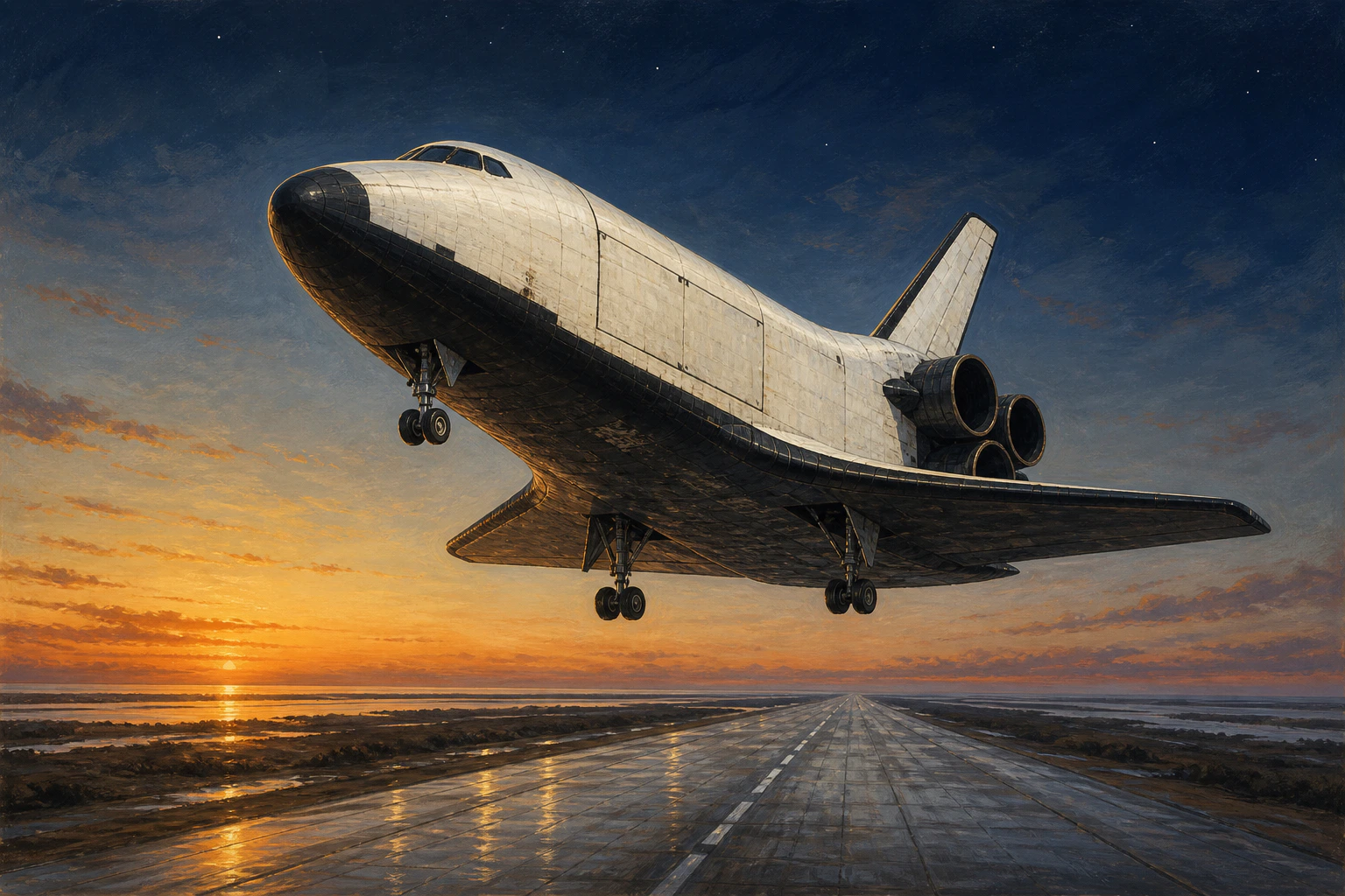 概念插畫：黎明時分，一架大型白色三角翼太空飛機以機頭朝上的姿態滑向一條又長又濕的跑道，起落架已放下，三具尾部引擎全部熄火；機腹是深色隔熱層、帶著再入燒灼的煙痕，機背白色上表面被低角度的暖陽勾出亮邊；跑道向遠方的海岸線收束，天空由頂端的深藍過渡到地平線一整帶橘金色