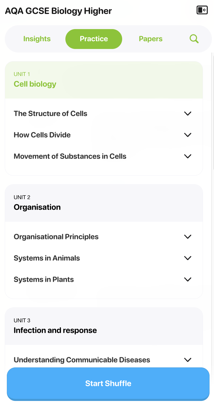 Shuffle option at the bottom of Practice mode