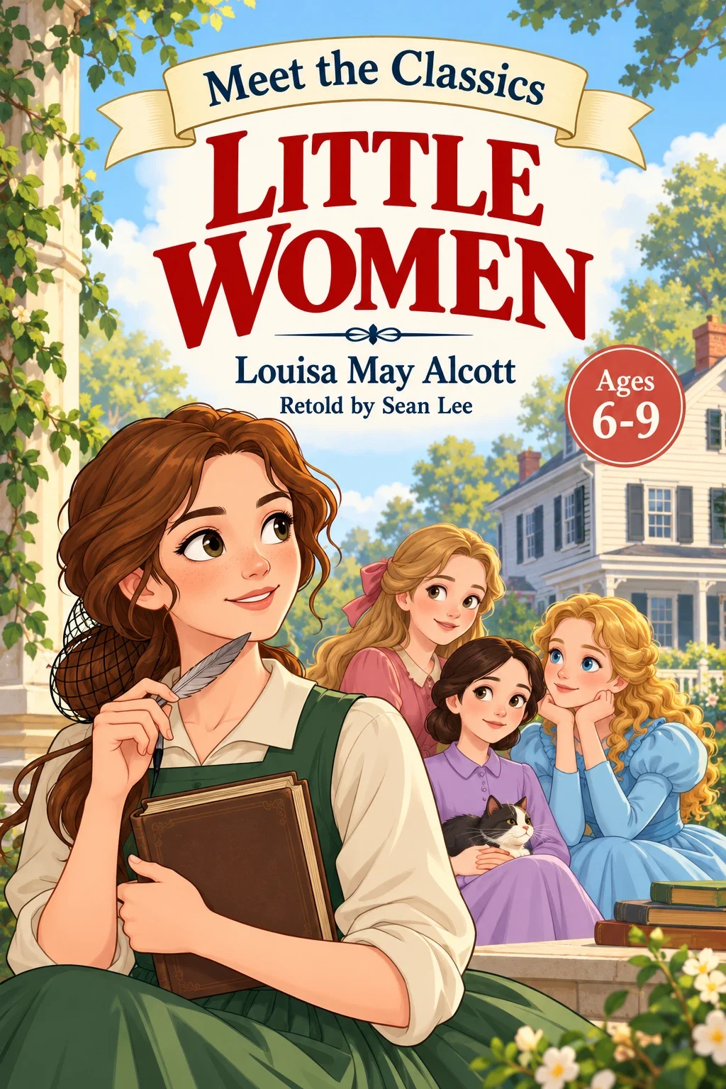 Cover of Meet the Classics: Little Women, retold by Sean Lee, with Jo holding a quill and a book and her three sisters behind her