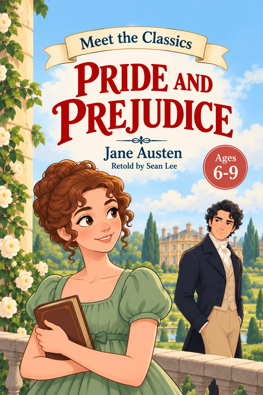 Cover of Meet the Classics: Pride and Prejudice, retold by Sean Lee, with Elizabeth holding a book and Mr. Darcy behind her