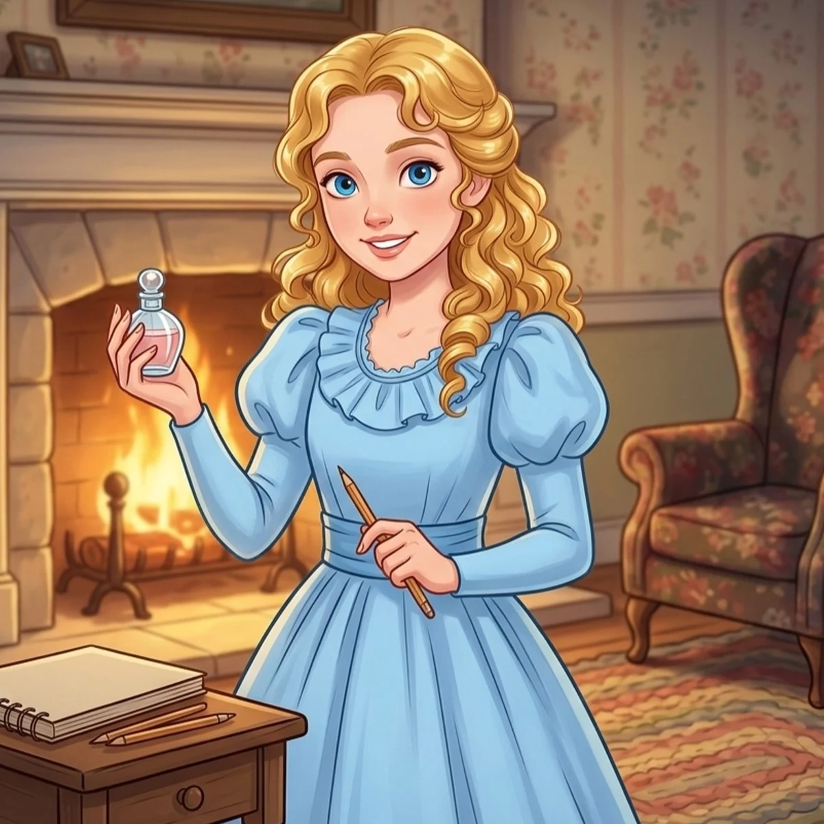 Amy March in a blue dress, holding a small bottle and a pencil