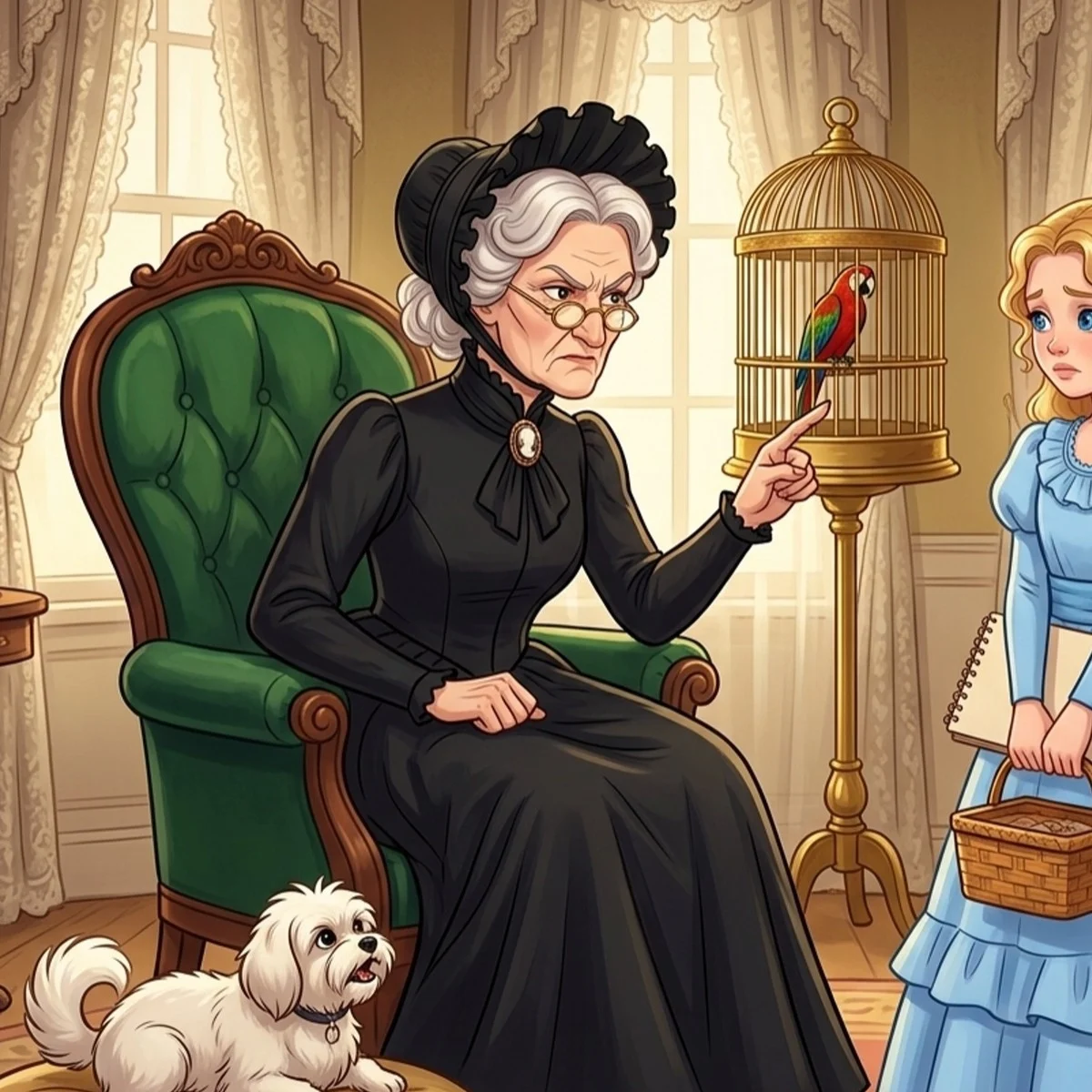 Aunt March in black, seated with her parrot and her little dog